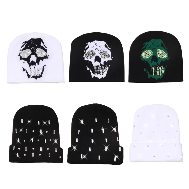 

Knit Hat Jeweled Rhinestones Hat for Teens Streetwear Skull Caps for Ski Cycling