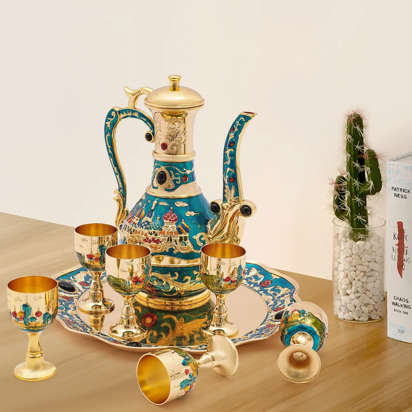 

Винтажный набор турецких кофейных горшков, 6 чашек, цинковый сплав, золото, серебро, синий поднос для чая, емкость 800 мл для домашнего декора