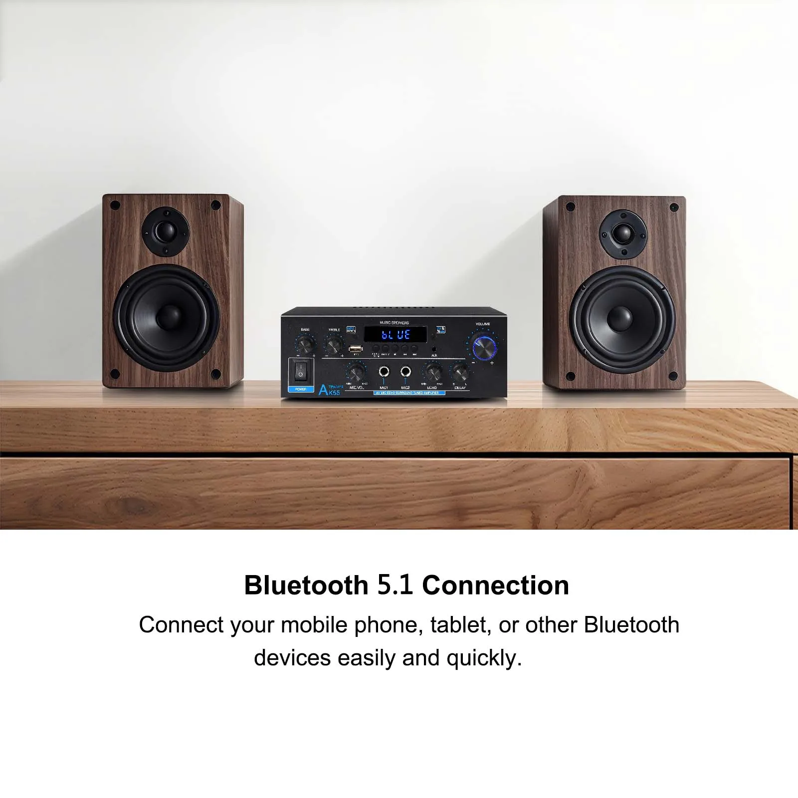 Woopker Professioneller Audioverstärker AK55 HiFi Bluetooth 5.1 Max. Leistung 900 W unterstützt Bassumrandung und FM, geeignet für Zuhause, Auto – Detail 3