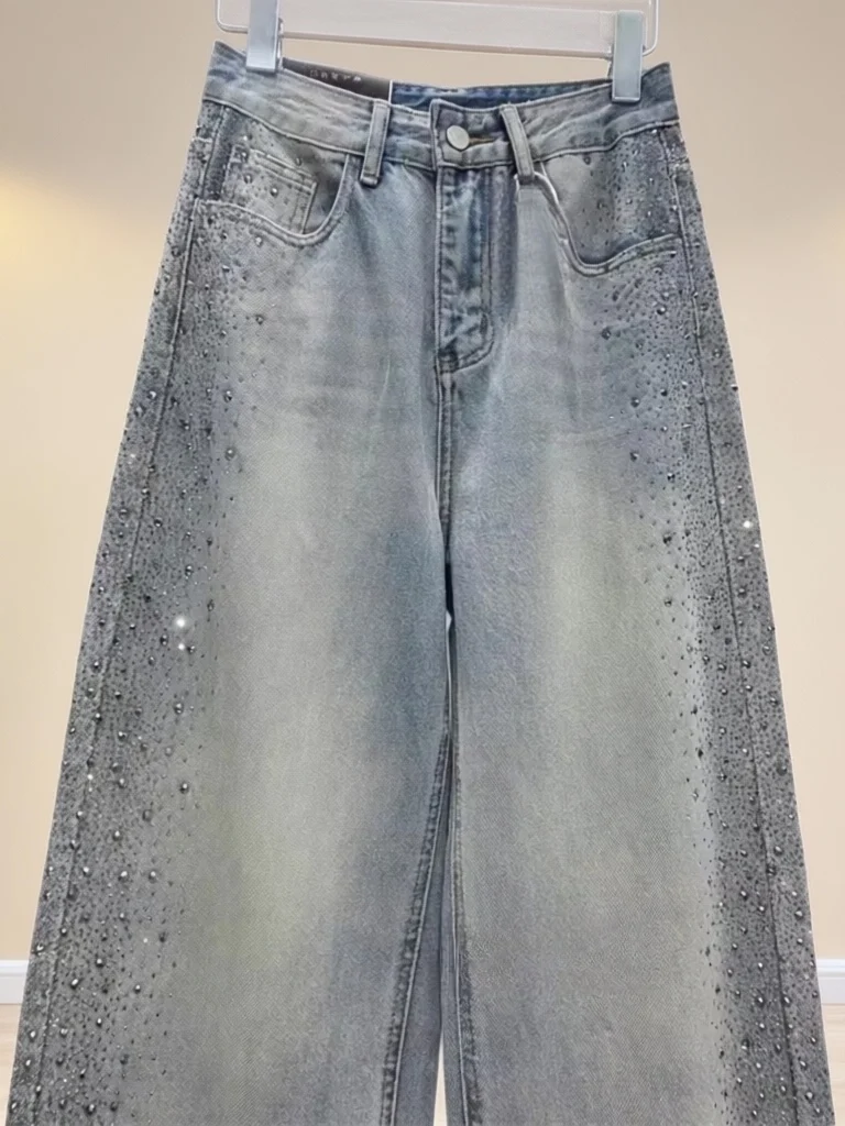 

Spring Faion High Waist Wide Leg Blue Jeans Floor Length Straight Cut Women's Casual High End Feeling Trousers