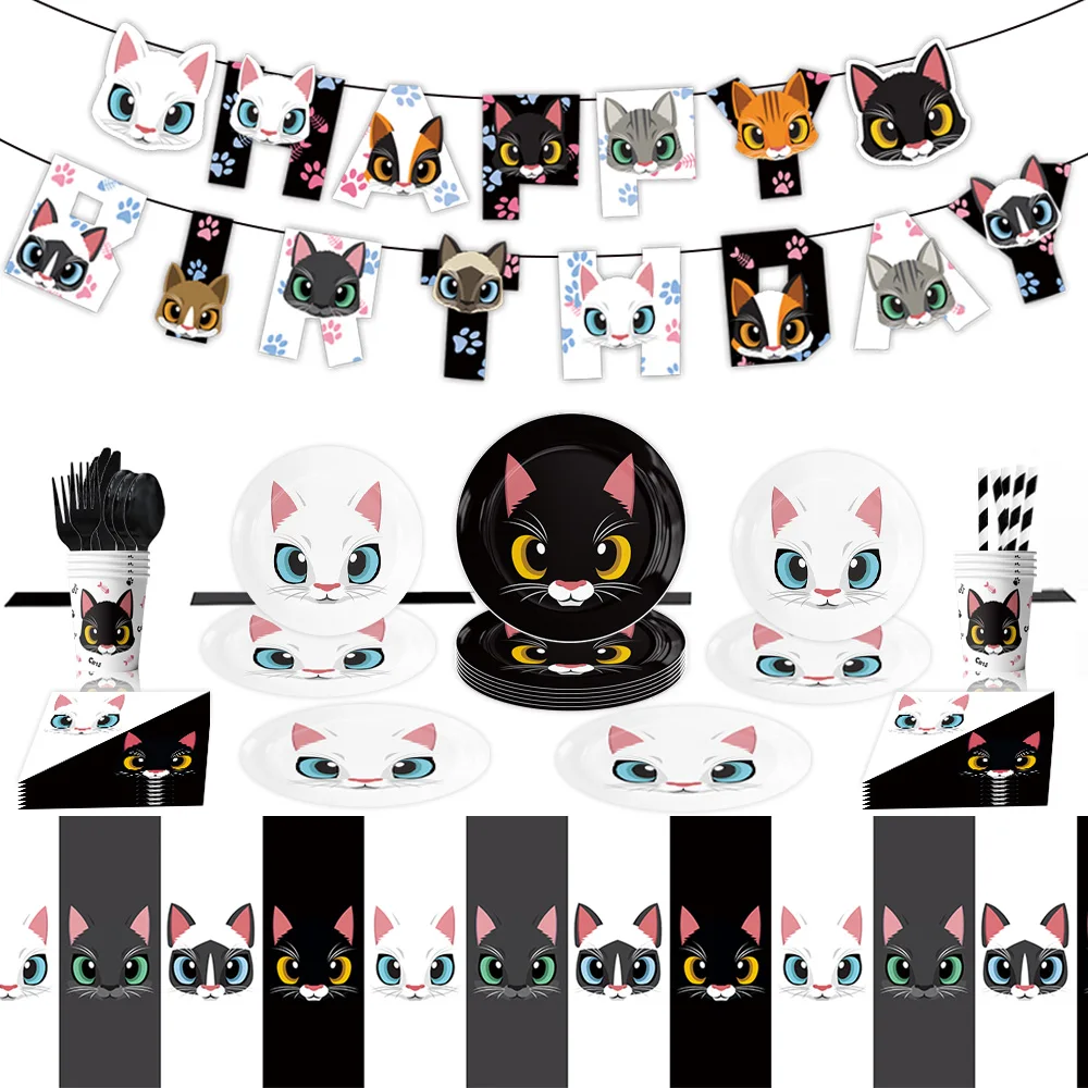 

Black and white cat Themed Party Tableware disposable Paper plates Paper towels tablecloth Birthday ecorations Festivals Atmosph