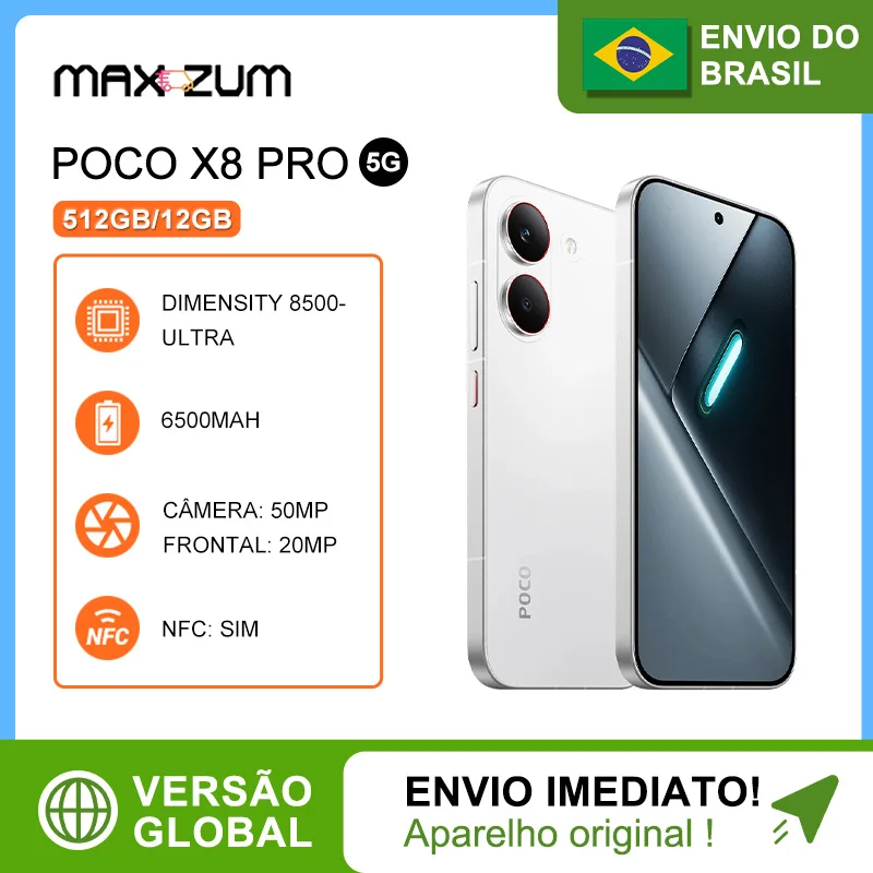 Poco X8 PRO 5G, 512GB/12GB, MediaTek Dimensity 8500-Ultra, Bateria de 6500mAh, Câmera de 50MP, Versão Global