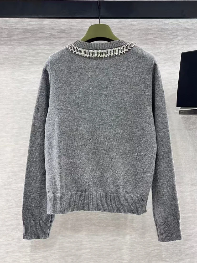 Heavy craft nailed bead rhinestone pendant round neck wool pullover 2024 fall women's new fashion all-match knitted sweater