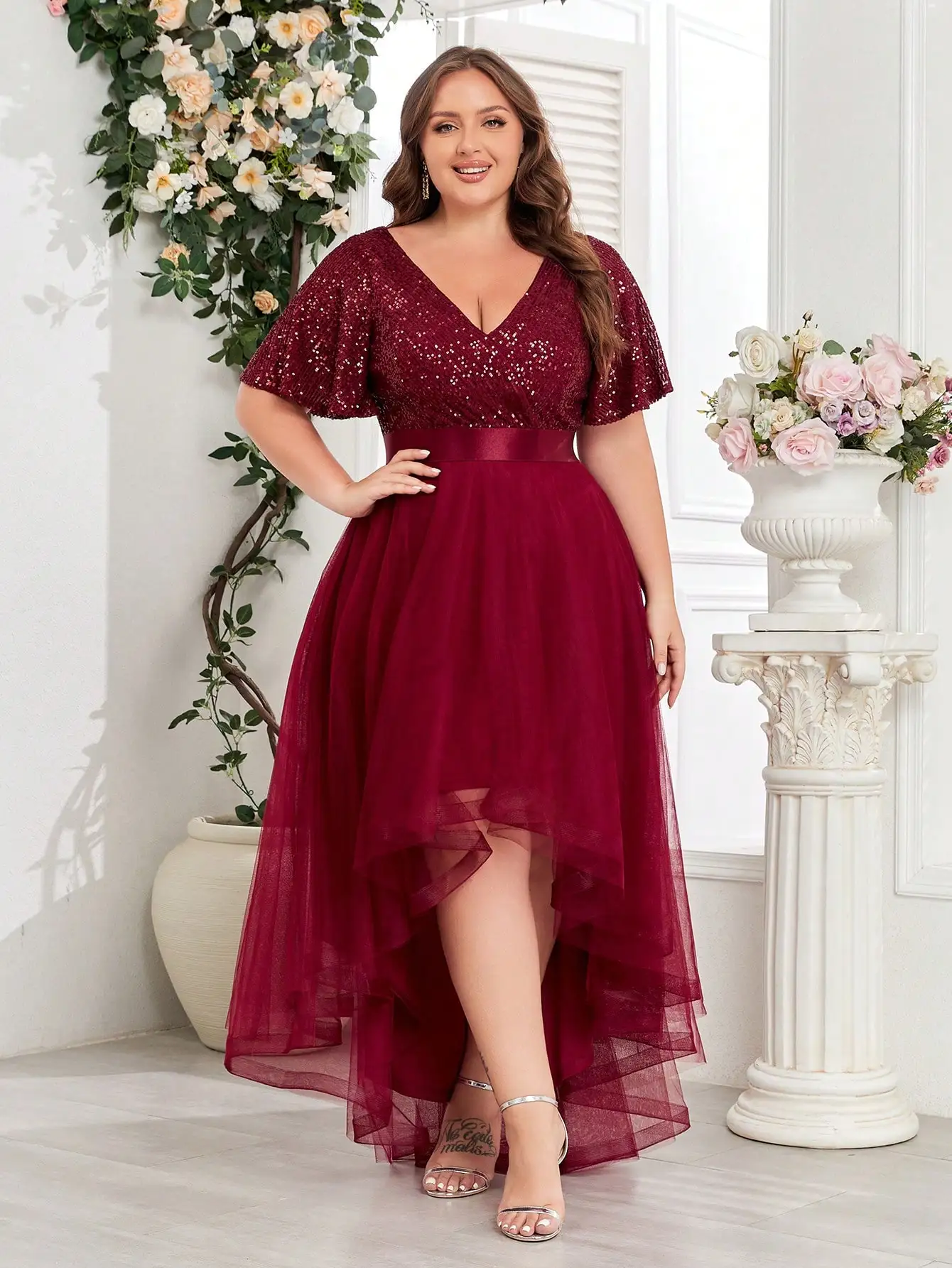 

Plus Size Sequin V-Neck High Low Tulle Evening Dress for Wedding Guest, Graduation & Formal Party