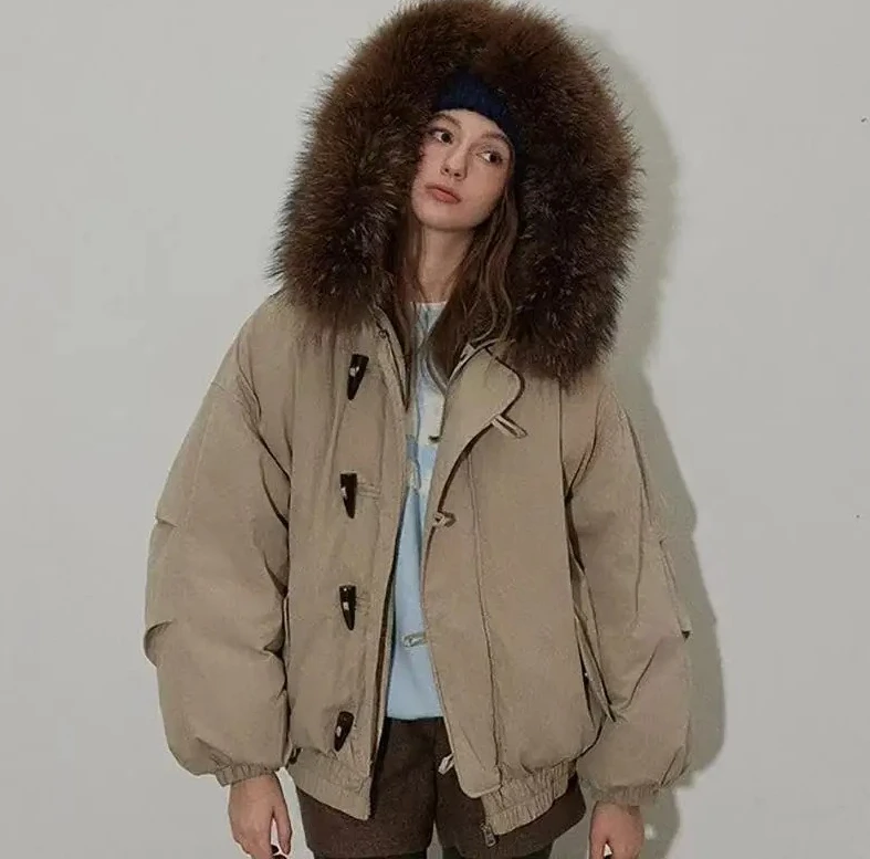 

Down Collar Cotton Coat Hooded Pie Overcomes Women'S Winter New Style Thick American Horn Button Cotton Coat Jacket