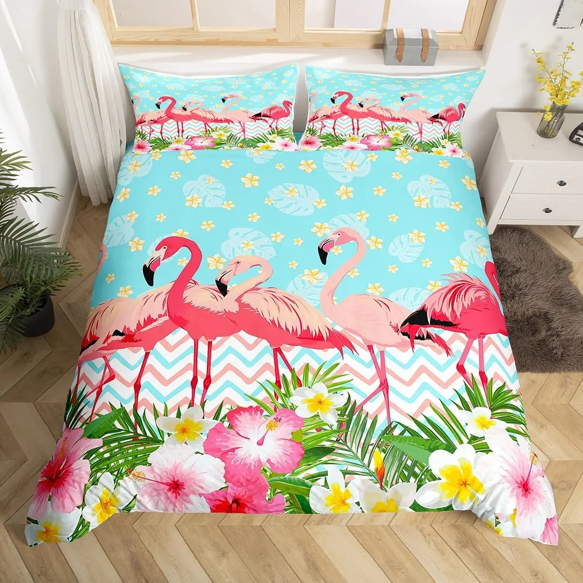 Flamingo Duvet Cover Tropical Leaves Flower Bedding Set for Girls Teen Room Decor,Summer Flamingo Natural Animal Comforter Cover