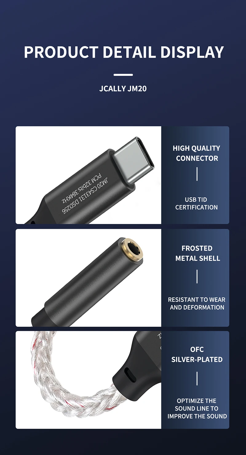 JCALLY JM20 Max CS43131 Typ C auf 3,5 mm HiFi DAC JM20 Digitale Audiodekodierung USB C Kopfhörer AMP Adapter für Android iPhone 15 16 – Detail 11