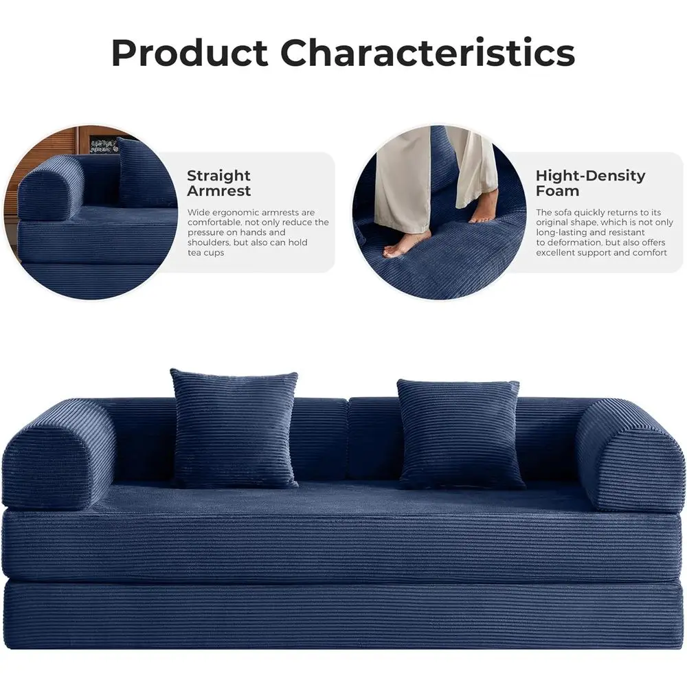 أريكة سرير قابلة للتحويل 79 5 في 1 باللون الأزرق الداكن مع إطار ثابت، بدون تجميع، غطاء سروال قصير ورغوة عالية المرونة للمساحة المدمجة #5