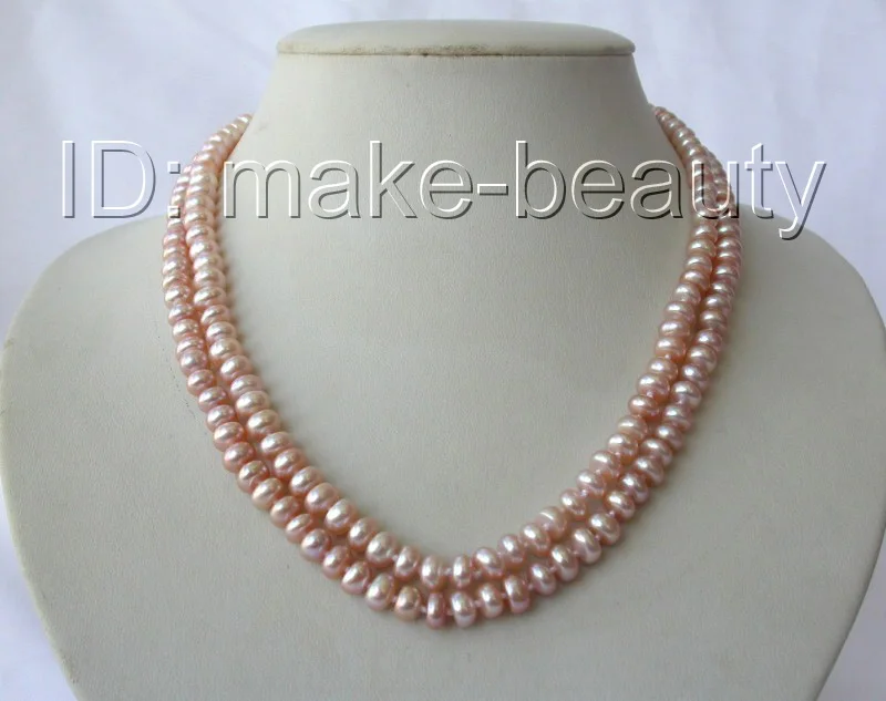 stunning 2rows 7mm round pink freshwater cultured pearl necklace h1013