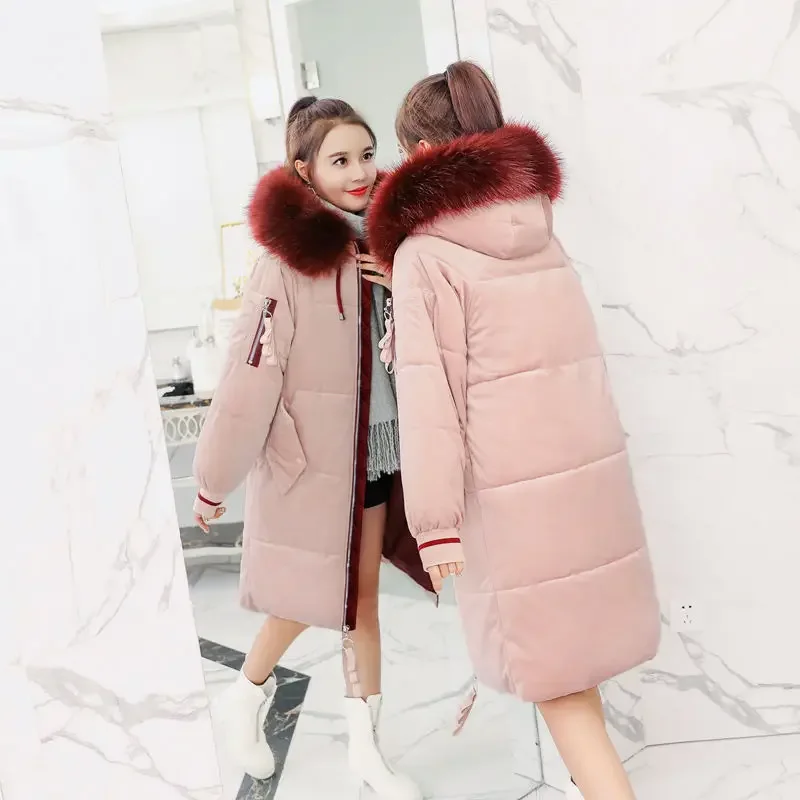 Women\'s Winter Coat Gold Velvet Jacket Parka Mid Length Hooded Jacket Warmth Free Shipping Korean Fashion Wholesale Plus Size