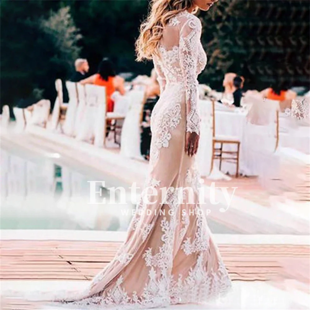

Beach Mermaid Bride Dresses Scoop Neck Wedding Dress Long Sleeve Court Train Lace Wedding Dresses for Woman Vestidos Dresses
