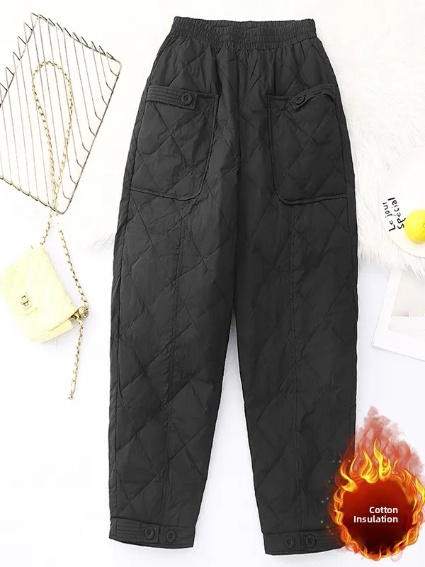 Pantalones Harlan de algodón con identificación de diamante de Color puro artístico, pantalones casuales cálidos adelgazantes versátiles de talla grande para mujer, pantalones holgados de cintura alta