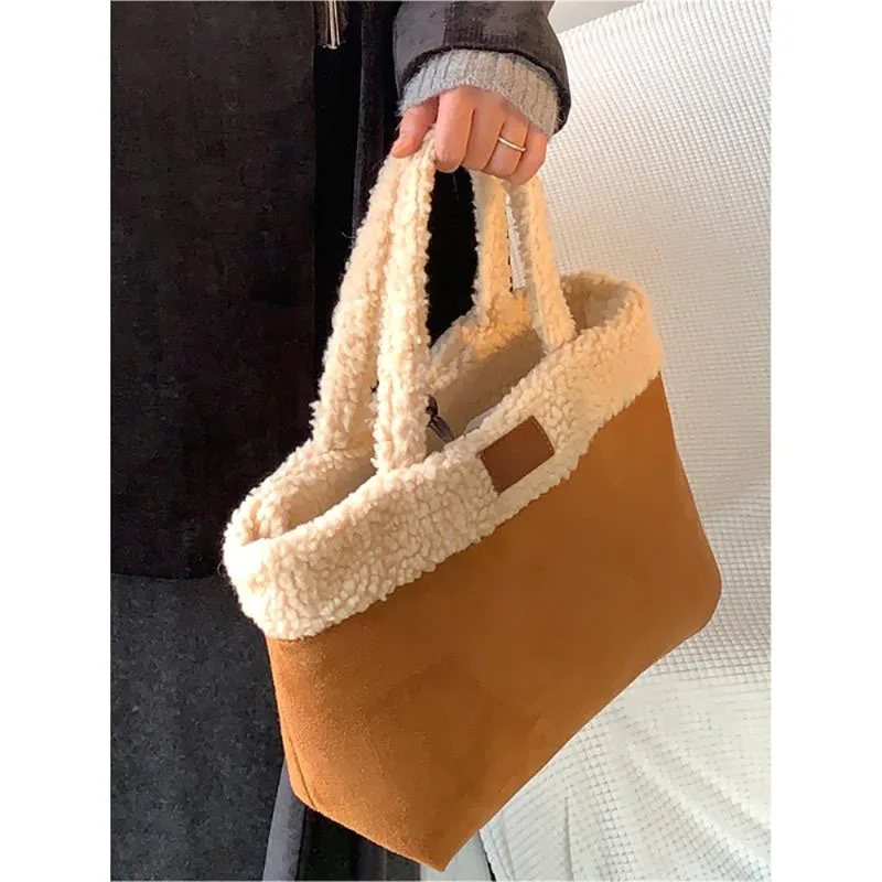 Korean Faux Suede Niche Lamb Wool Handbag High-End Texture Plush Double-sided Portable Bucket Bag Popular Winter New Tote Bag