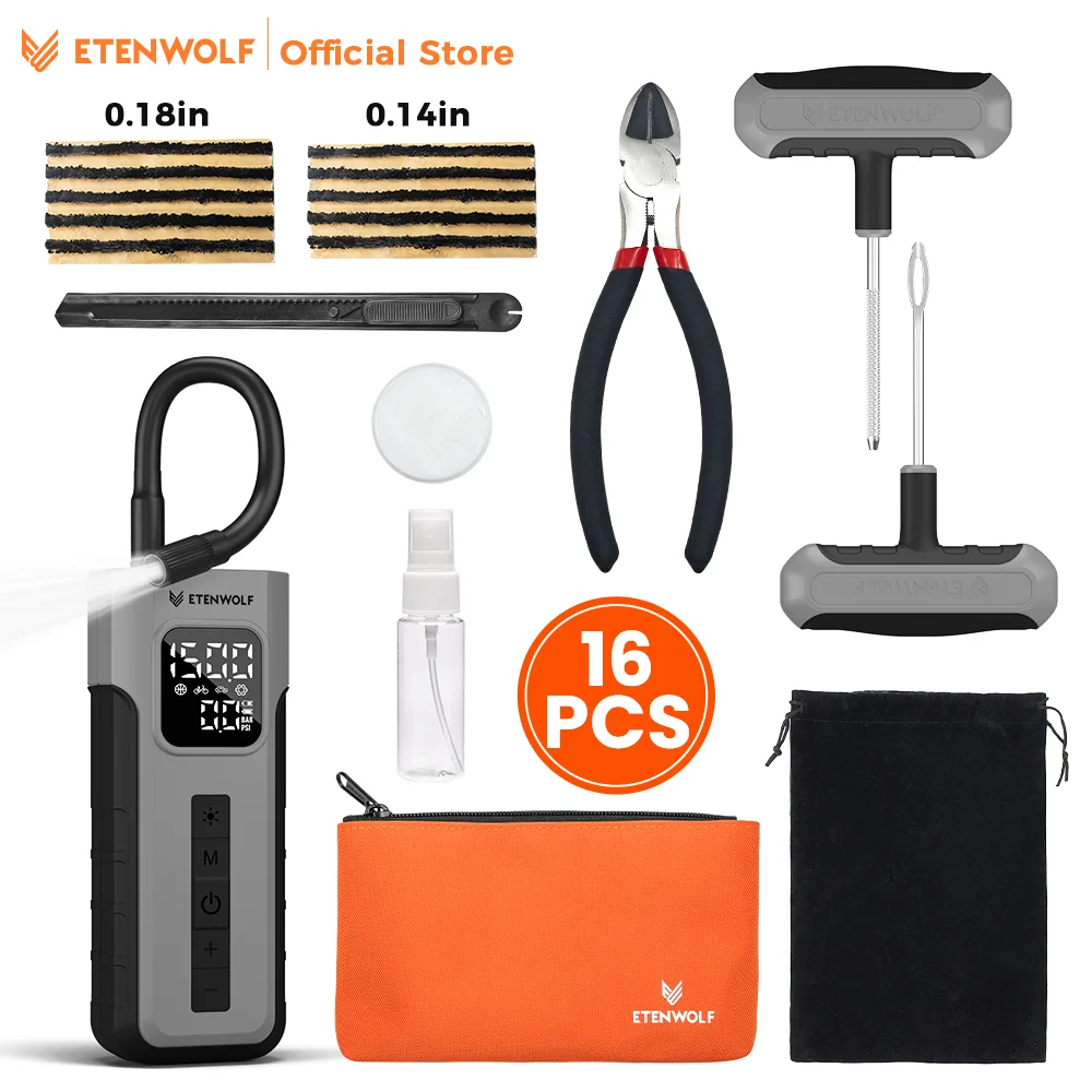 

New ETENWOLF C2 Combo Emergency Inflator & Plug Kit with 16 Pcs, Tire Repair Spray Tire Repair Pliers, Tire Plug Strips, Grease