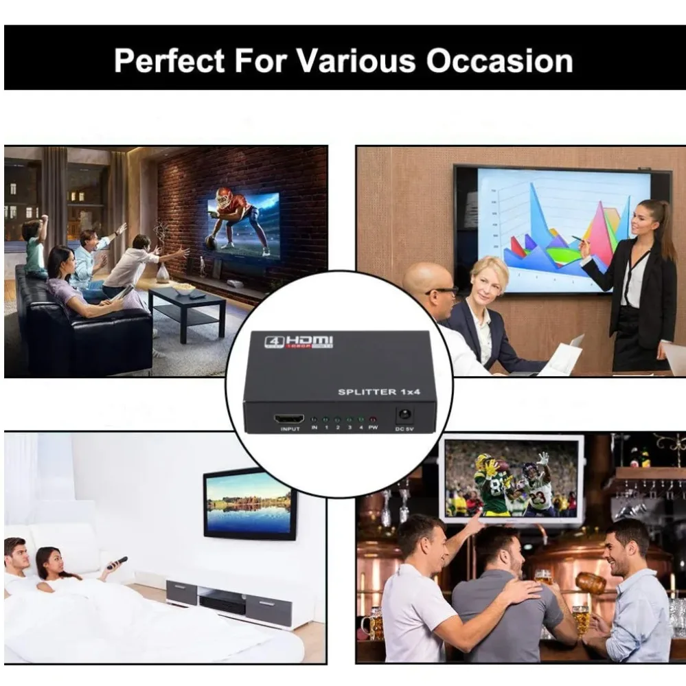 HDMI Splitter 1 in 4 Out HDMI Video Splitter Full HD 1080P Duplicate Screen Monitor HDMI Switch for PC PS3/4 HDTV Projector view 4