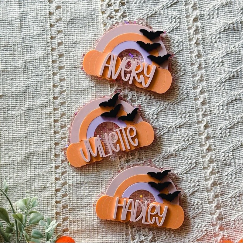 Cute Customized Name Acrylic Pumpkin Bat Rainbow Design Keychain Personalized Nameplate 3D Keyring Wholesale Key Chain Bag Gift
