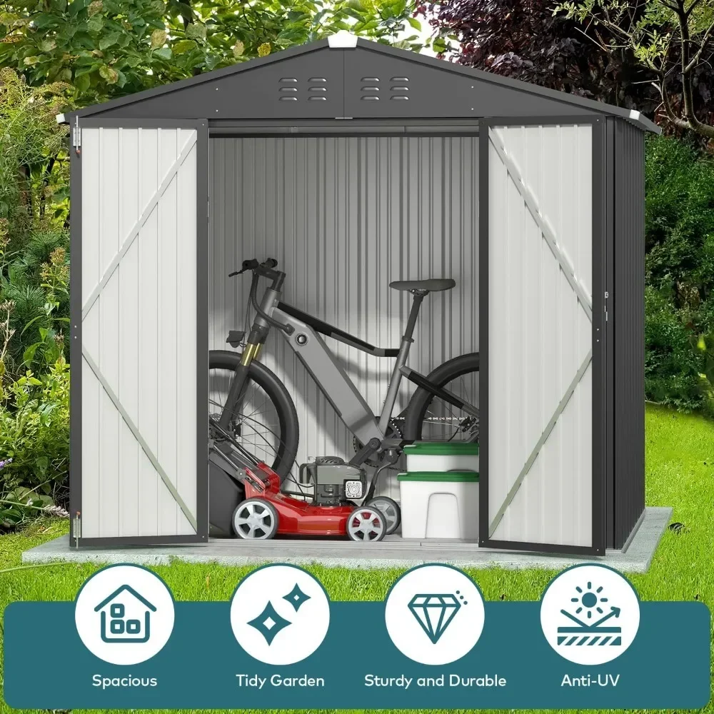 Shed de armazenamento ao ar livre 8 x 6 pés, galpão de jardim de metal galvanizado com portas duplas com fechadura, folga de armazenamento ao ar livre - cinza escuro