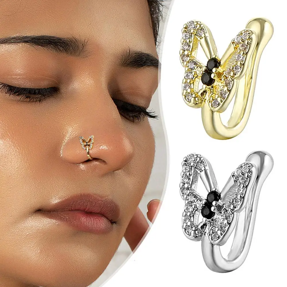 Charm Crystal Rhinestone Butterfly Fake Piercing Nose Nose Women U-shaped Teens Jewelry Septum Non-perforated Clip Pierce Q8U0