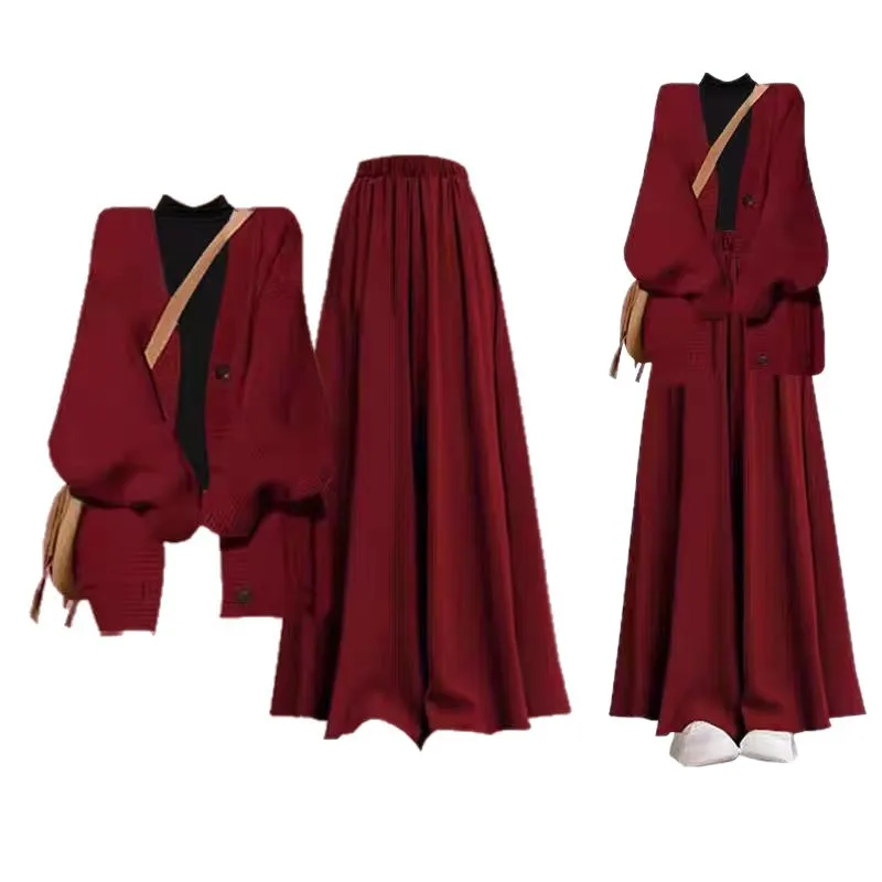 New Ankela Red Knitted Sweater Cardigan+High Collar Top Retro High Waist Wide Leg Skirt Pants 3-Piece Set