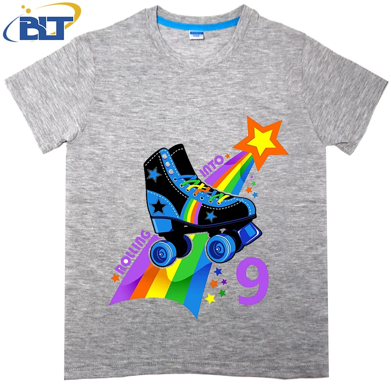 9th Birthday Roller skate cool printed kids T-shirt summer cotton short-sleeved casual top suitable for both boys and girls