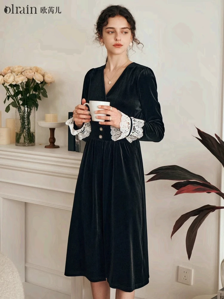 

OLrain Elegant Long Sleeve Dress Women's Autumn 2025 New Temperament V-neck Slim Dress A-line Midi Velvet Dresses O23DL85903