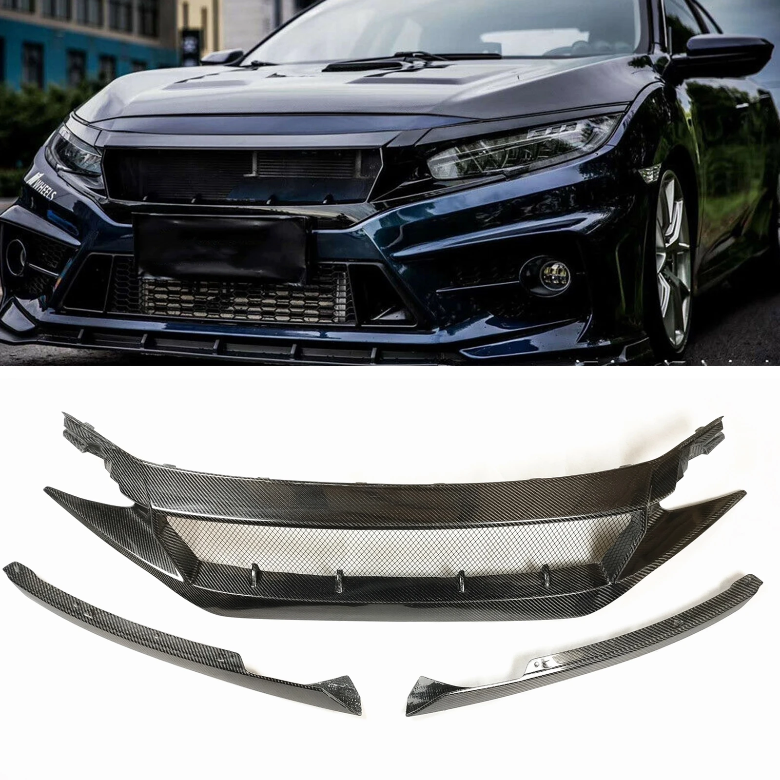 Carbon Fiber Car Front Racing Grille Upper Bumper Hood Mesh Grid For Honda Civic 10 Gen FK8 FC1 FK7 JS N1 2016-2021