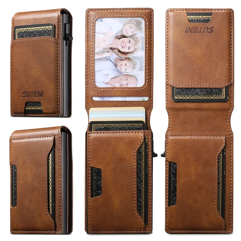 Pu Leather Wallet Card With Photo Frame, Slot Wallet Flip Cover Card Box Pressing The Button Automatically Ejects Card Men Gift