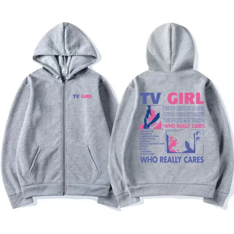 TV Girl Who Really Cares Print Zip Up Hoodie Unisex Oversized Black Streetwear Jacke – Detail 3