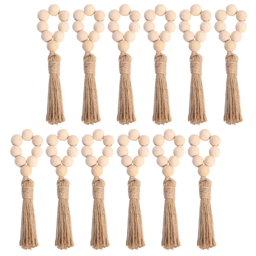 

12pcs Wooden Bead Napkin Rings Original Color Tassel Home Party Wedding Banquet Supplies Smooth Surface Durability