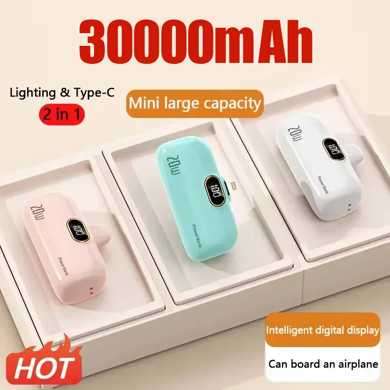 

Mini Power Bank 30000mAh Portable Mobile Phone Charger External Battery Power Bank Plug Play Type-C For iPhone Samsung Huawei