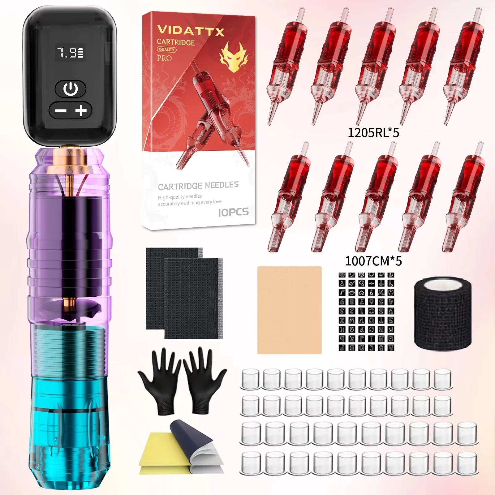 VIDATTX Tattoo Kit 10PCS Red Tattoo Needles Tattoo Pen Kit New Gradient Color Wireless Tattoo Power Supply Tattoo Machine Kit