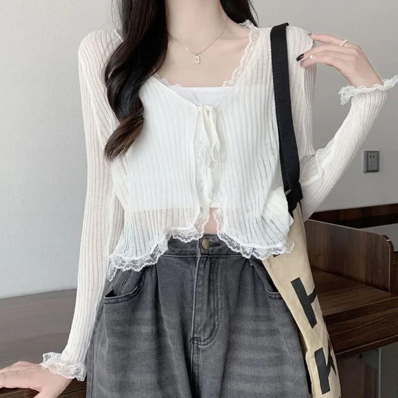 

Sexy Lace Patchwork Sunscreen Cardigan for Women Korean Style Lace-Up Black Thin Knitted Tops Woman Sweet Fresh Sweater Jacket