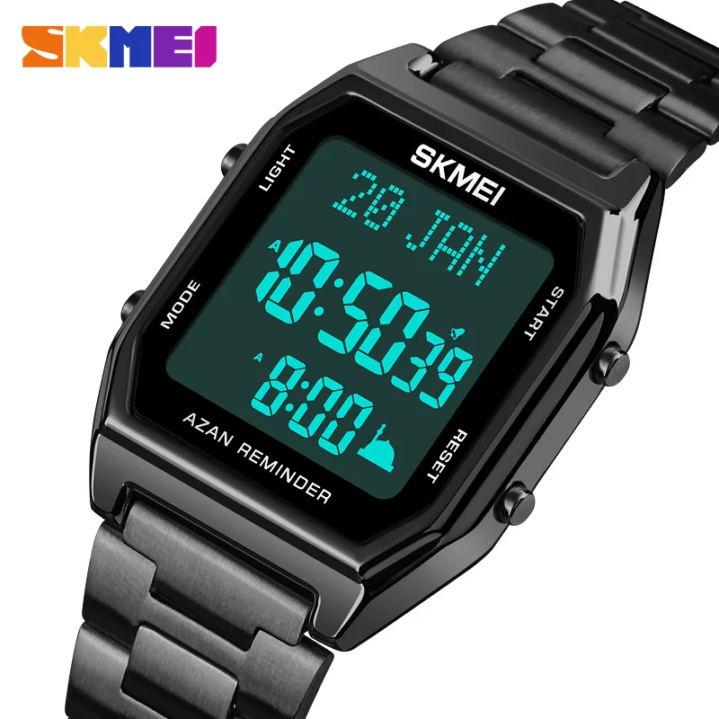 SKMEI LED Qibla Muslim Men Watch Direction Bookmark Digital Mens Wristwatches City Data Male Watches relogio masculino