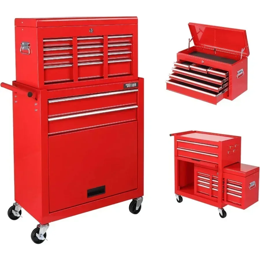 8-Drawer Rolling Tool Chest, Tool Storage Cabinet Lockable Wheels, Detachable Top, Drawers and Side Hooks, Mechanic Tool Orga