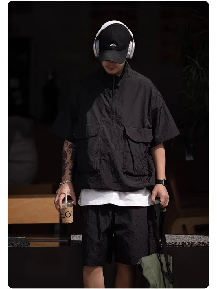 Quick-drying Cargo Set Men Harajuku Solid Color Loose Sunscreen T-shirt Wide Leg Oversize Sports Casual Shorts Summer 2pcs Suit