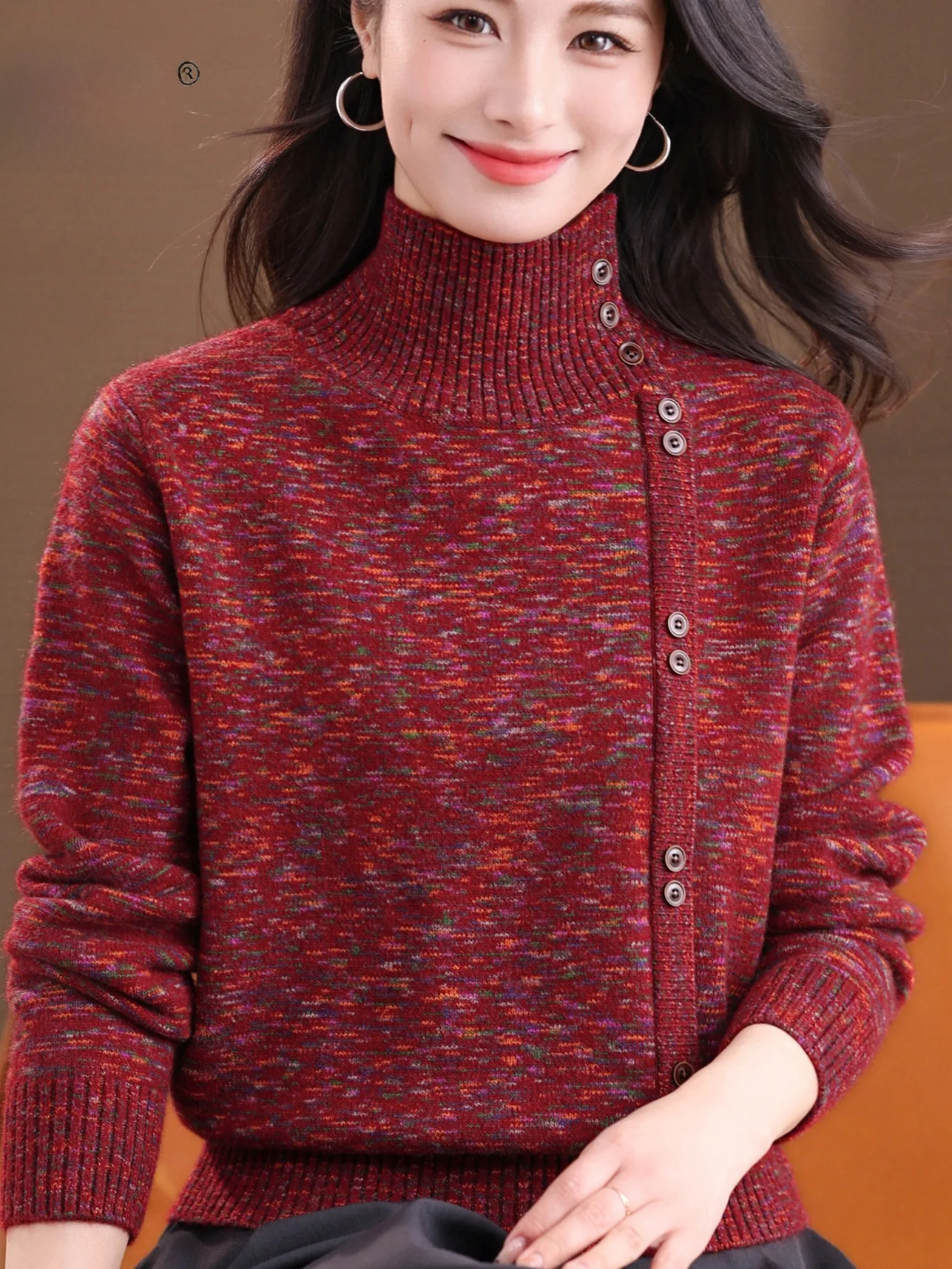 

Warm Knitted High Collar Woolen Sweater for Middle-Aged And ly Women Faionable Base Layer Top Button-Up Autumn Winter ...