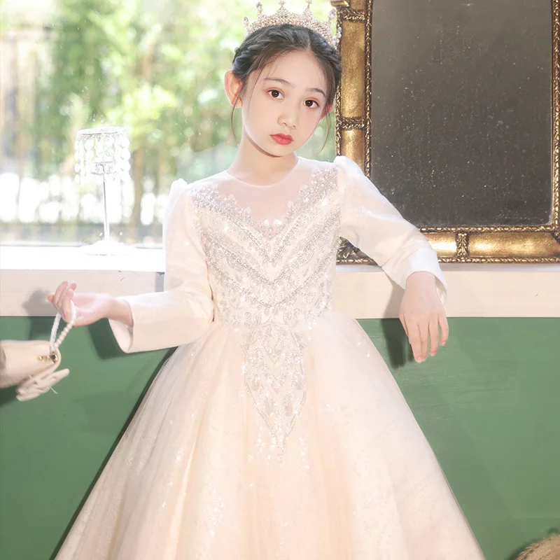 

Высококачественное детское вечернее платье цвета шампанского, легкое роскошное нишевое весенне-осеннее стильное платье принцессы на день рождения для девочек десяти лет