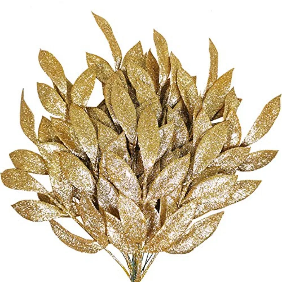 

20 Pieces Glittered Artificial Leaf Spray Picks 12" Tall for Christmas Winter Wedding Wreath Tree Swag Floral Arrangment Vase B