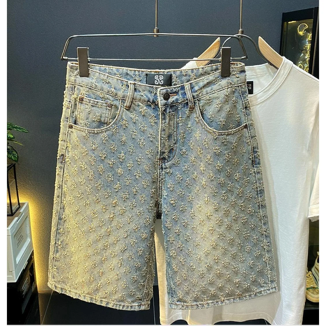 

Summer High Street Denim Shorts Men's Casual Jeans Shorts Loose Mid High Waist Fashion Vintage Knee Lenght Denim Short Pants Men
