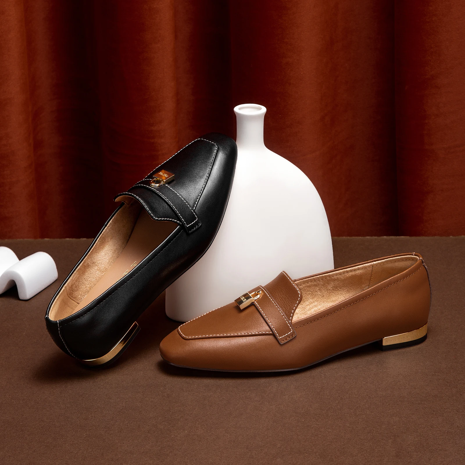

Women's Brown Leather Loafers with Gold Lock Detail Square Toe Low Heel Penny Casual Office Slip-On Dress Shoes for Girls
