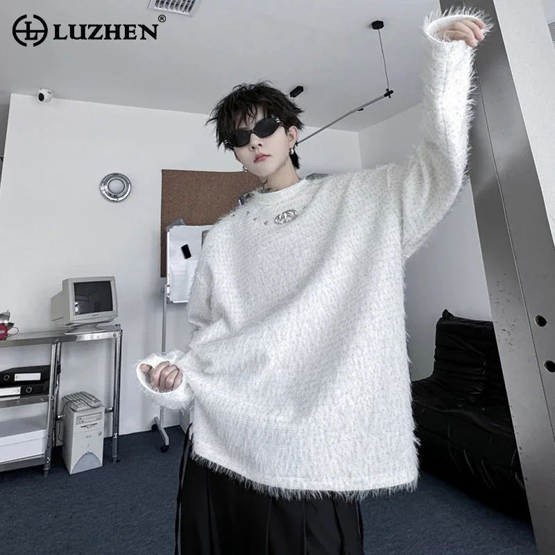 

LUZHEN Autumn Winter Solid Color Metal Decoration Loose 2024 Men's Knitted Sweater Handsome Trendy Tops Casual Clothing JY4675
