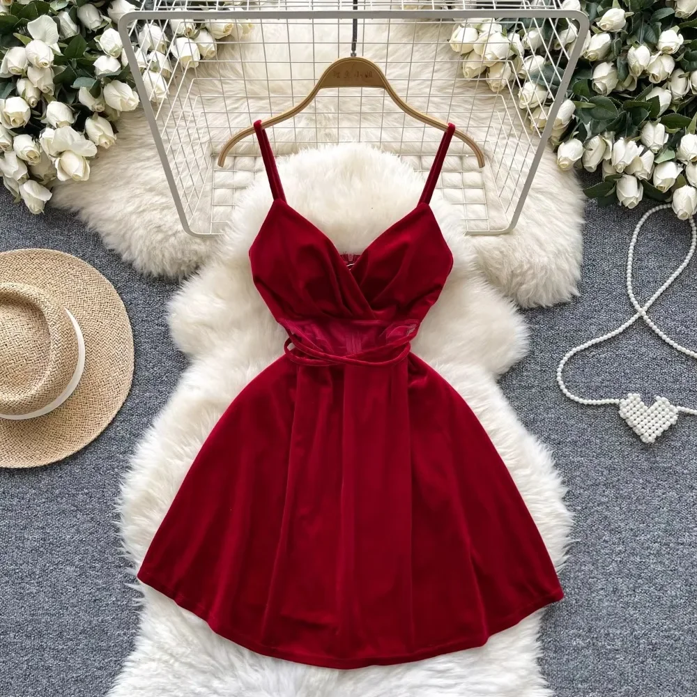 Zarif V Yaka Vintage Kolsuz Şık Örgü Eklenmiş Kadife İnce A-line Sapanlar Elbise Kore Moda Akşam Yüksek Sokak Giyim