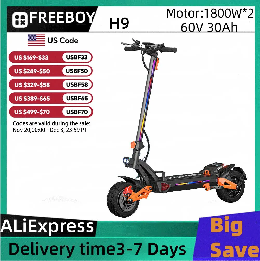

FREEBOY H9 Adult Electric Scooter 1800W*2 Motor, 60V 30AH Folding E-Scooter 11 Fat Tire E-Mountain Scooter