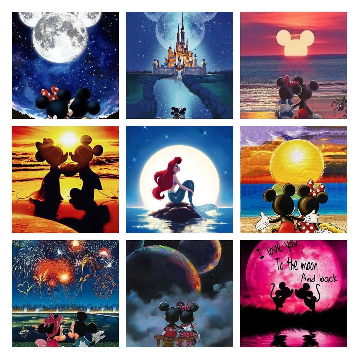 Canvas Painting Disney Mickey Minnie Sunset Scenery Fireworks View Picture Wall Art Painting Poster Print for Bedroom Home Decor