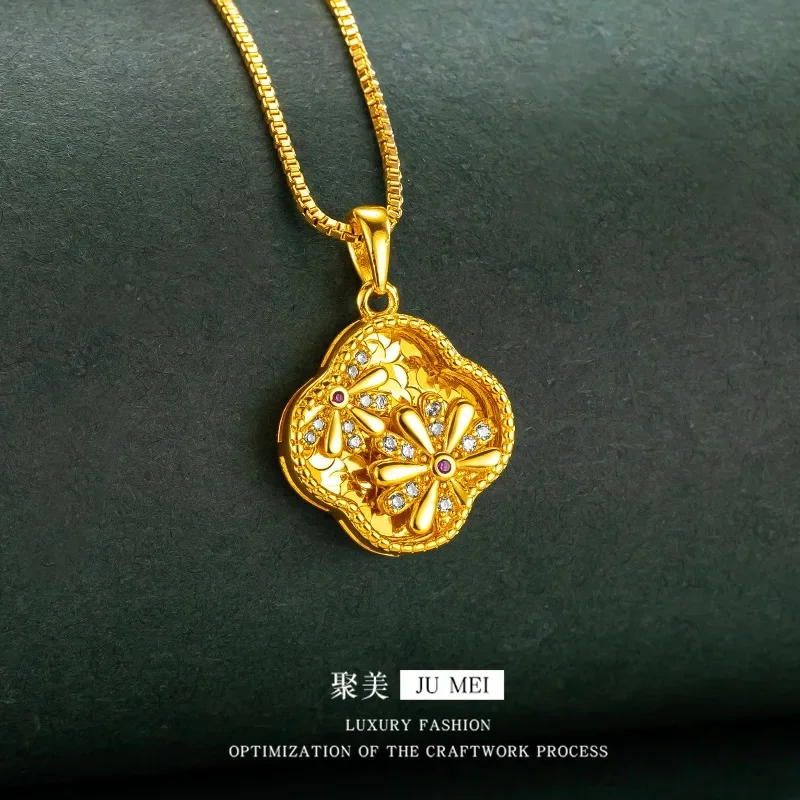 Luxury 24K 9999 Pure Gold real gold Women's Long Scale Crushed Ice Hollow Small Chrysanthemum Pendant Necklace