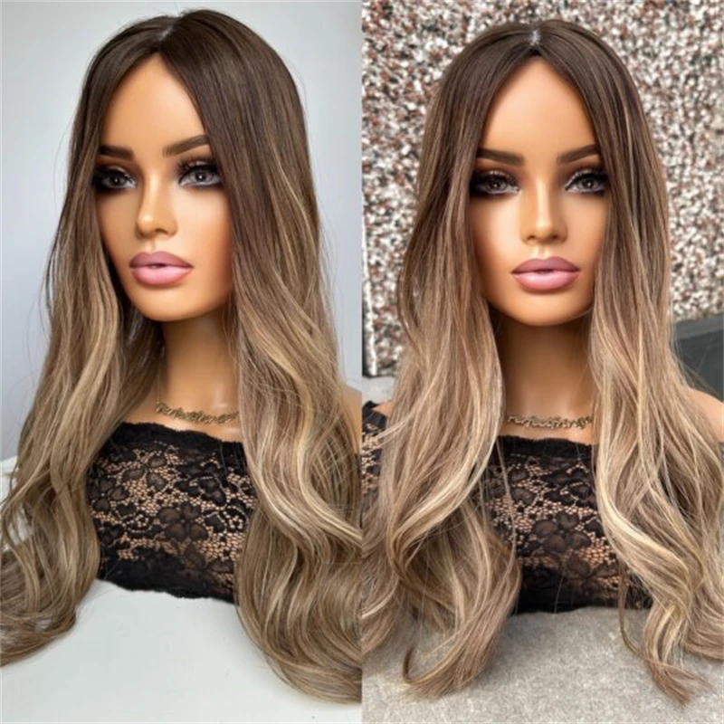 

Ombre Warm Caramel Brown Highlights Glueless Wigs Synthetic Hair Balayage Beginner Friendly Heat Resistant Fiber Daily Used