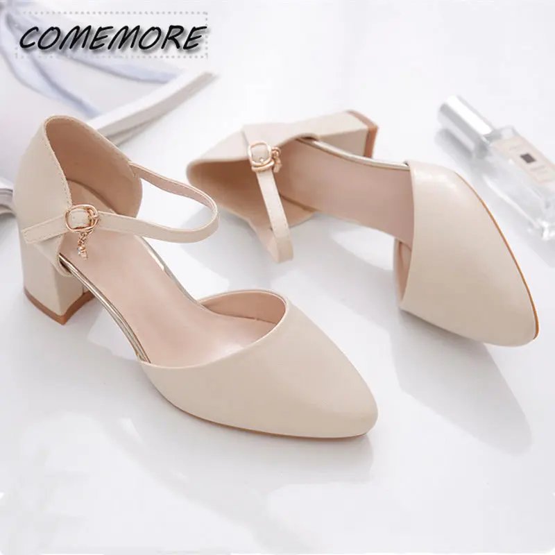 2023 Spring New Single Shoes Block Mid Heels Women\'s Pumps Ankle Strap Buckle Pointed Toe Footware for Office Lady Beige Apricot