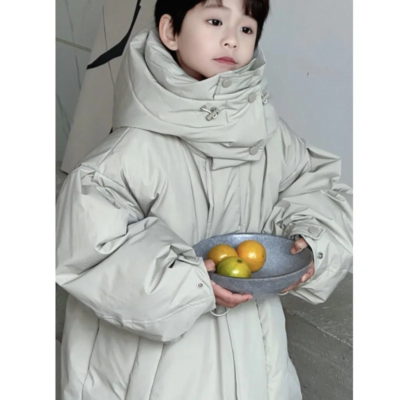 2025 Boys Long Winter Jacket Thickened Down-like Puffer Coat Korean Fashionable Casual Solid Color Long Warm Parka