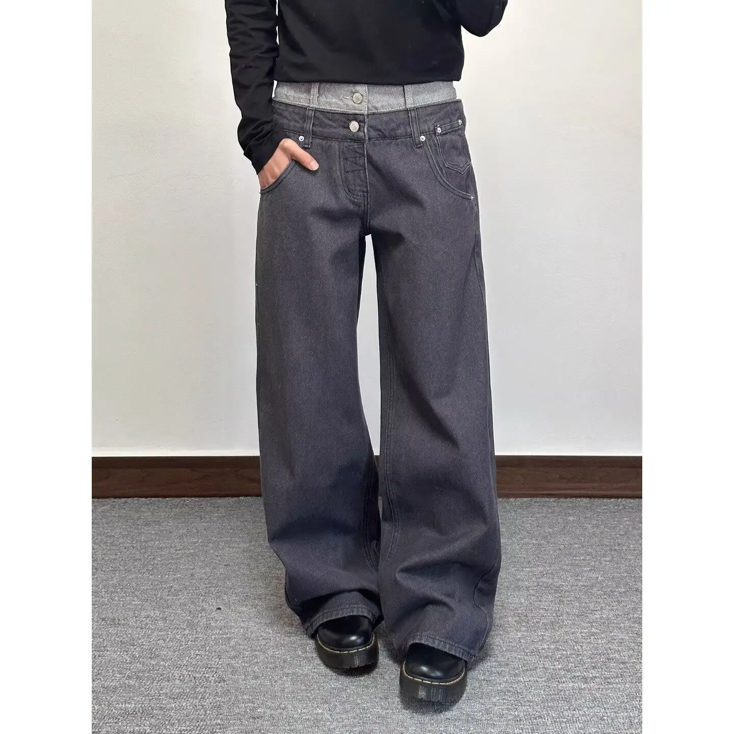 Men's Splicing Double Waistband Design Jeans High Waist Vintage Casual Pants Spring Sweatpants Male High Waist Trousers