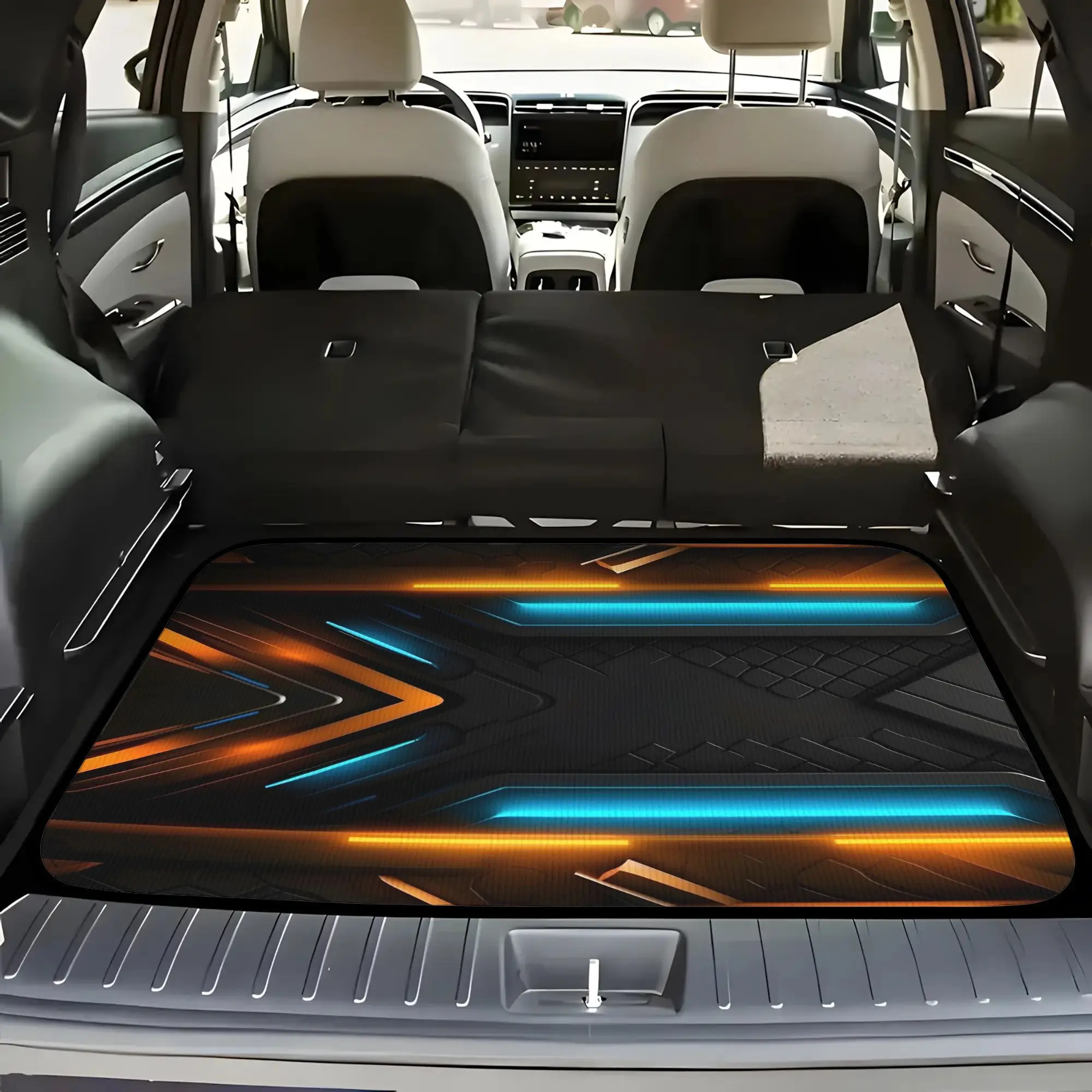 2D Plane 5pcss Orange Blue Glowing Mecha Print Car Floor Mat Set | Trunk Liner 5pcss Set (Including 4 Floor Mats And 1 Trunk Lin
